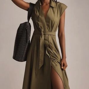 Maeve V-Neck Midi Wrap Shirt Dress in Olive Green